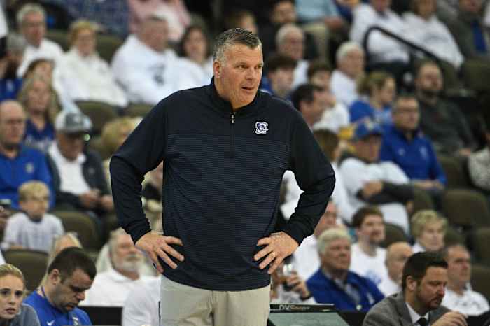 Mar 1, 2023; Omaha, Nebraska, USA; Creighton Bluejays head coach Greg McDermott watches action against the Georgetown Hoyas in the second half at CHI Health Center Omaha.